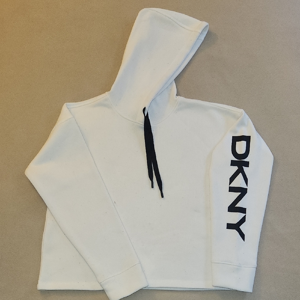 DKNY Off-White Hoodie with Bold Black Sleeve Logo